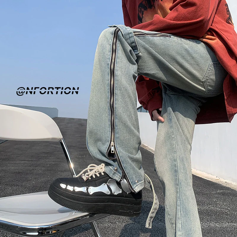 

American Vintage Fashion Brand Jeans Pants Solid Color High Street Side Zippers Wide Leg Pant Male Hip Hop Y2k Denim Trousers