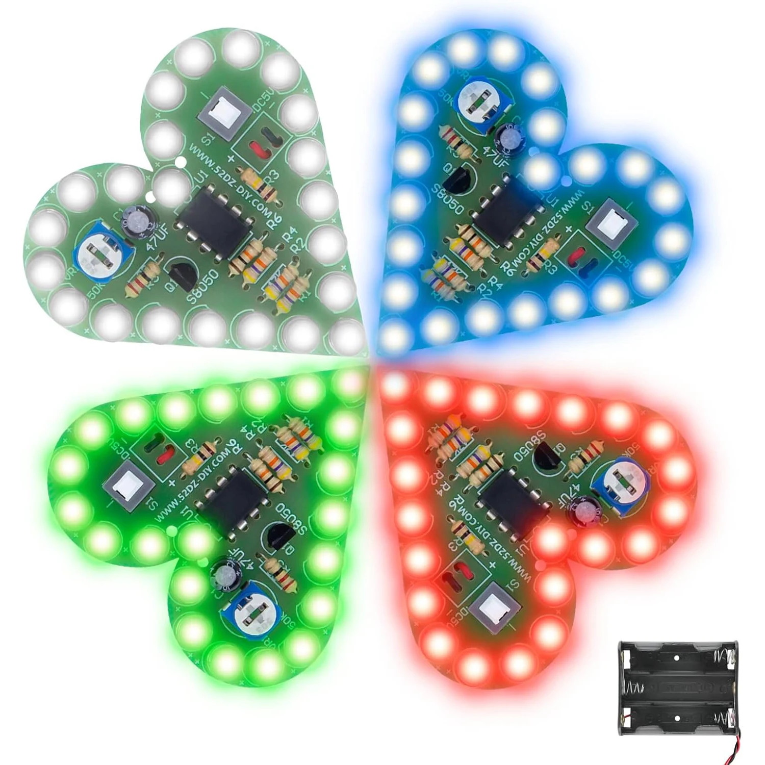 Projet de soudure Kits électroniques de bricolage-lumières LED en forme de coeur Kit de pratique de soudure Kit scientifique éducatif avec boîtier de batterie