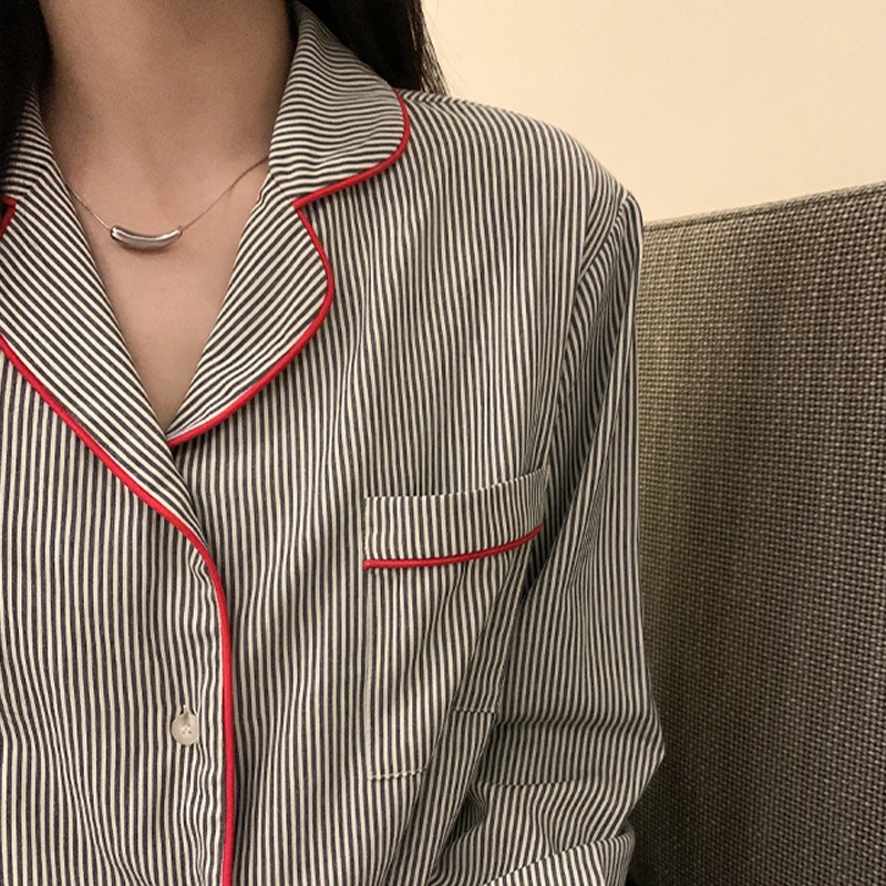 INS Black Stripe Pajamas Women Spring and Autumn 2024 New Online Red Sle Girl Can Be Worn outside Long sleeve Homewear