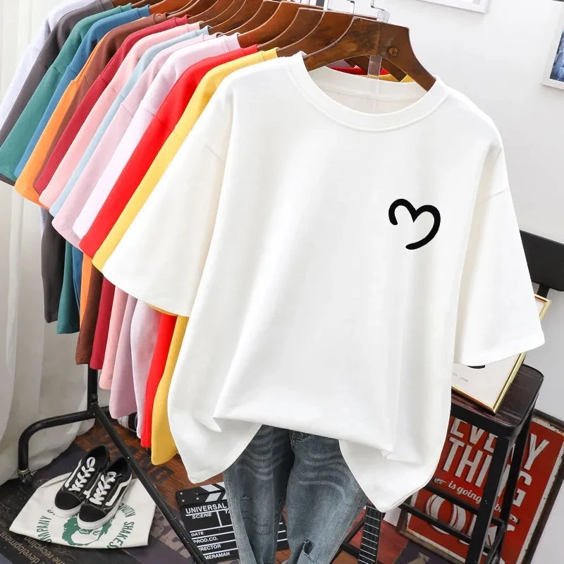 Plus Size 5XL 150KG Summer Cotton T shirt for Women Short Sleeve O Neck Femme Hearted tee Big Tops For Women Loose t shirt