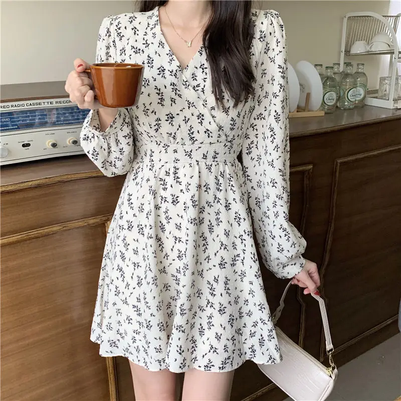 

Feminine Korean Spring Dress Women Print V-neck Style Elegant Leisure College All-match Trendy Ins Soft Design Chic Vestido New