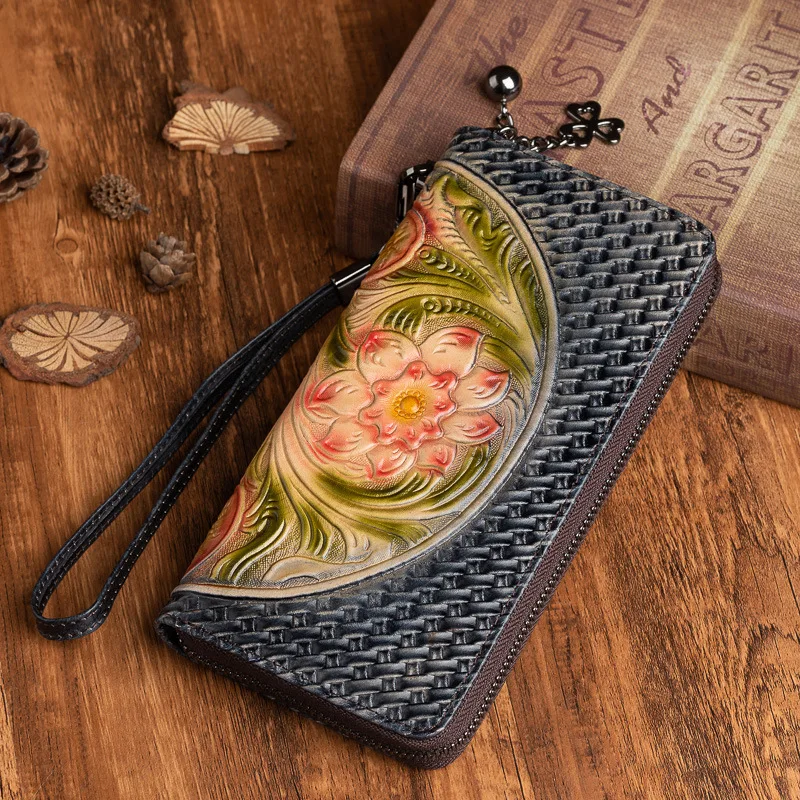 Vintage Flower Hand Painted Cowhide Leather Wallet RFID Blk Small Card Bag  Gifts