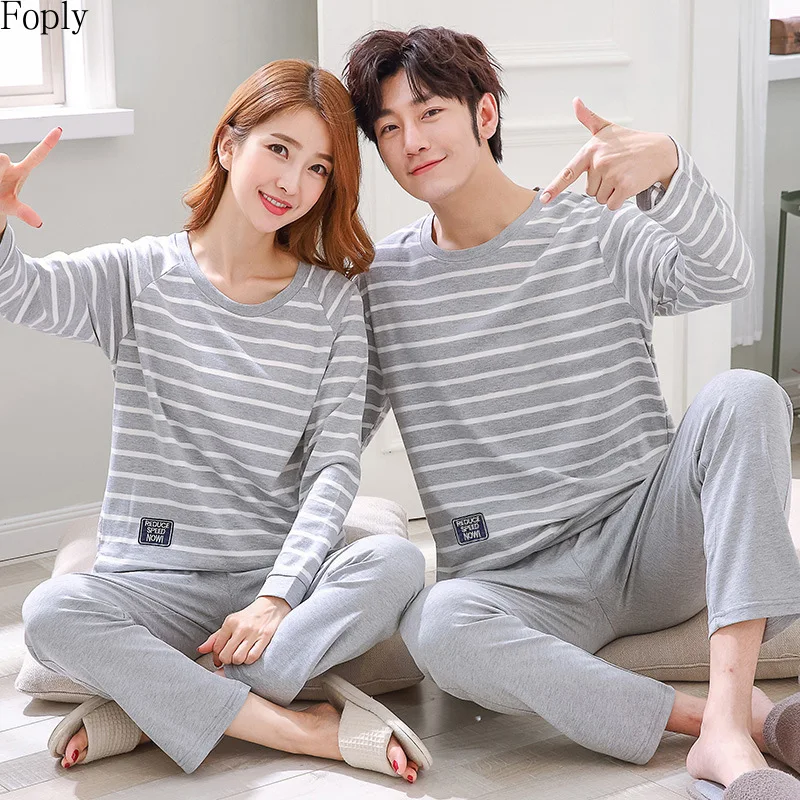 Conjunto de pijama de algodón para parejas, ropa de dormir de manga larga  con cuello redondo y pantalones largos, para otoño e invierno, novedad