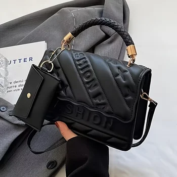 قطعة واحدة من حقيبة يد مبطنة عصرية مع حزام قابل للتعديل، محفظة كتف سوداء أنيقة للنساء مع حقيبة صغيرة للعملات المعدنية، محفظة كروس