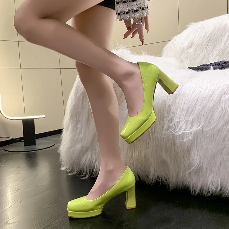 Sexy Square Toe Womens Shoes Heels Patent Leather Wedding Party Big Size 43 Pumps Square Heel Zapatos De Mujer Plataforma 3