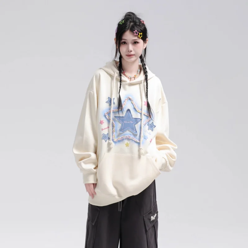 Sudadera con capucha mujer bordado estrella estilo retro americano_voghion.com