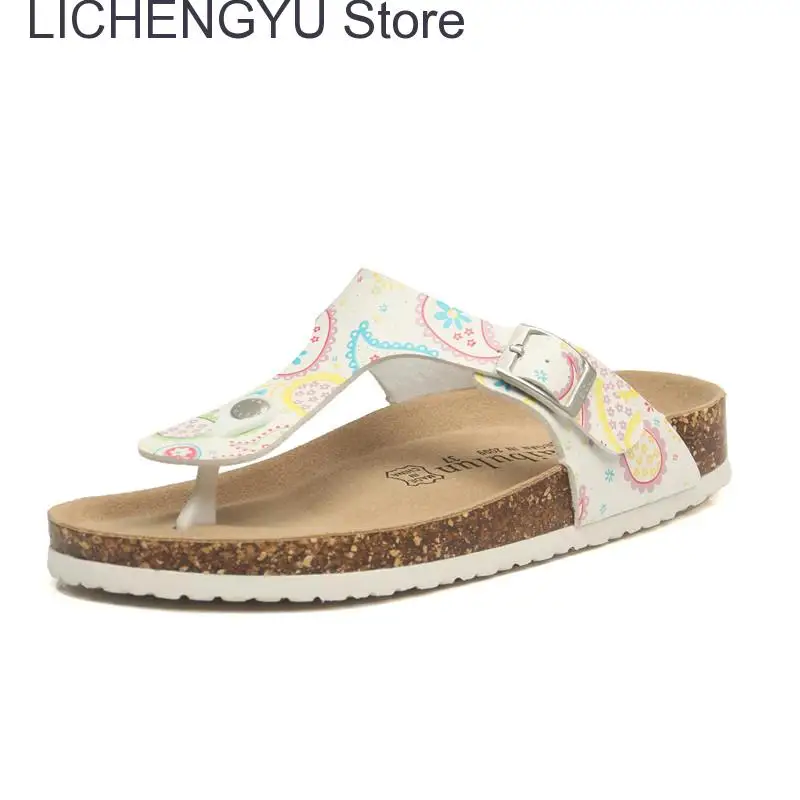 New Women Print Cork Flip Flops Slipper Casual Summer Beach Outside Non-slip Slides Shoe