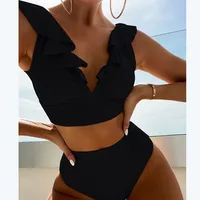 Women's High Waisted Bikini Sets V Neck Ruffle Two Piece Swimsuits Push Up Bathing Suits