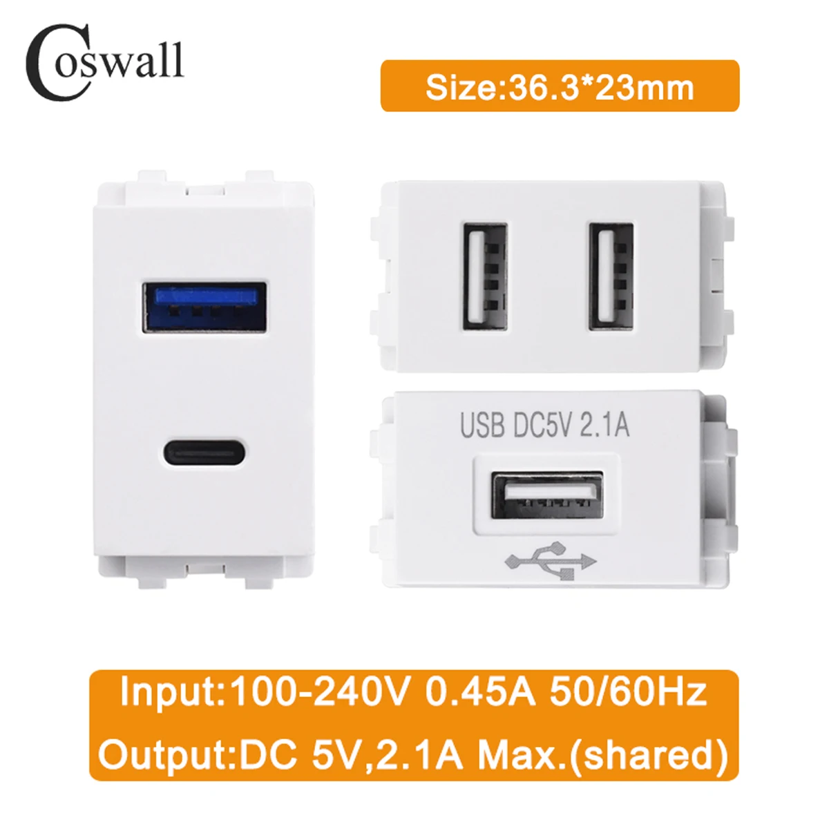 COSWALL Wall Socket USB Charger 128 Type, white black 36.3 23mm Type C A dual USB DC 5V 2A max module DIY AC 100 240V