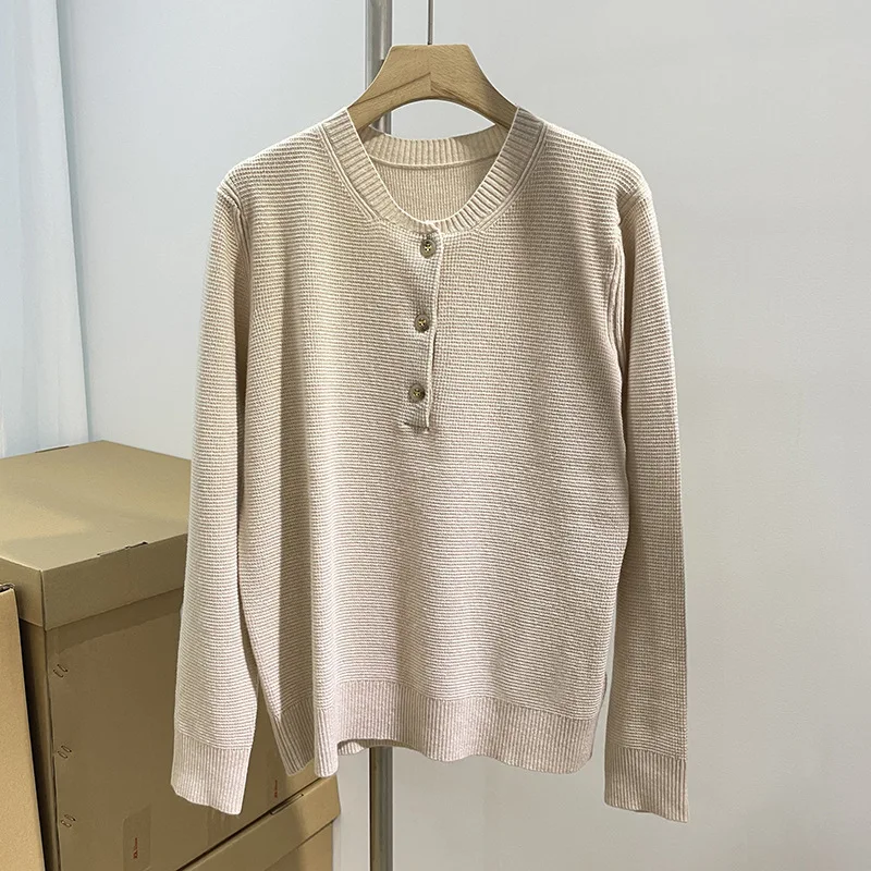 

Round Neck Semi-open Button Women Cashmere Sweater Autumn Winter New Long-sleeved Casual Pullover Bottoming Top