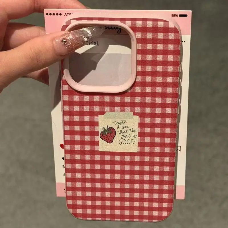 Red Grid Strawberry Pattern Phone Case - Stylish Bumper Cover