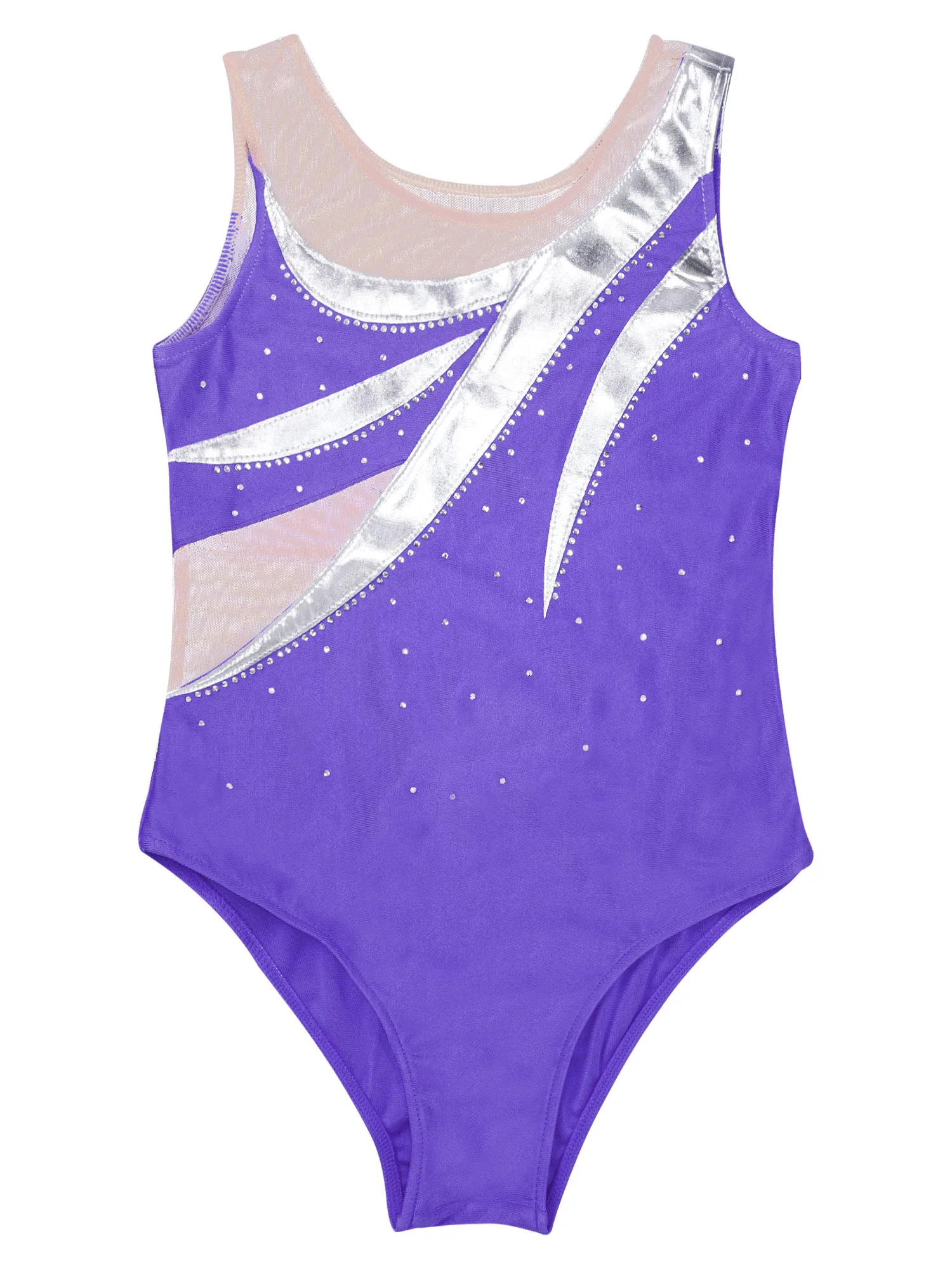 Kids Girls Stylish Clothing Round Neckline Patchwork Style Shiny Rhinestone Bronzing Cloth Gymnastic Skating Dance Leotards