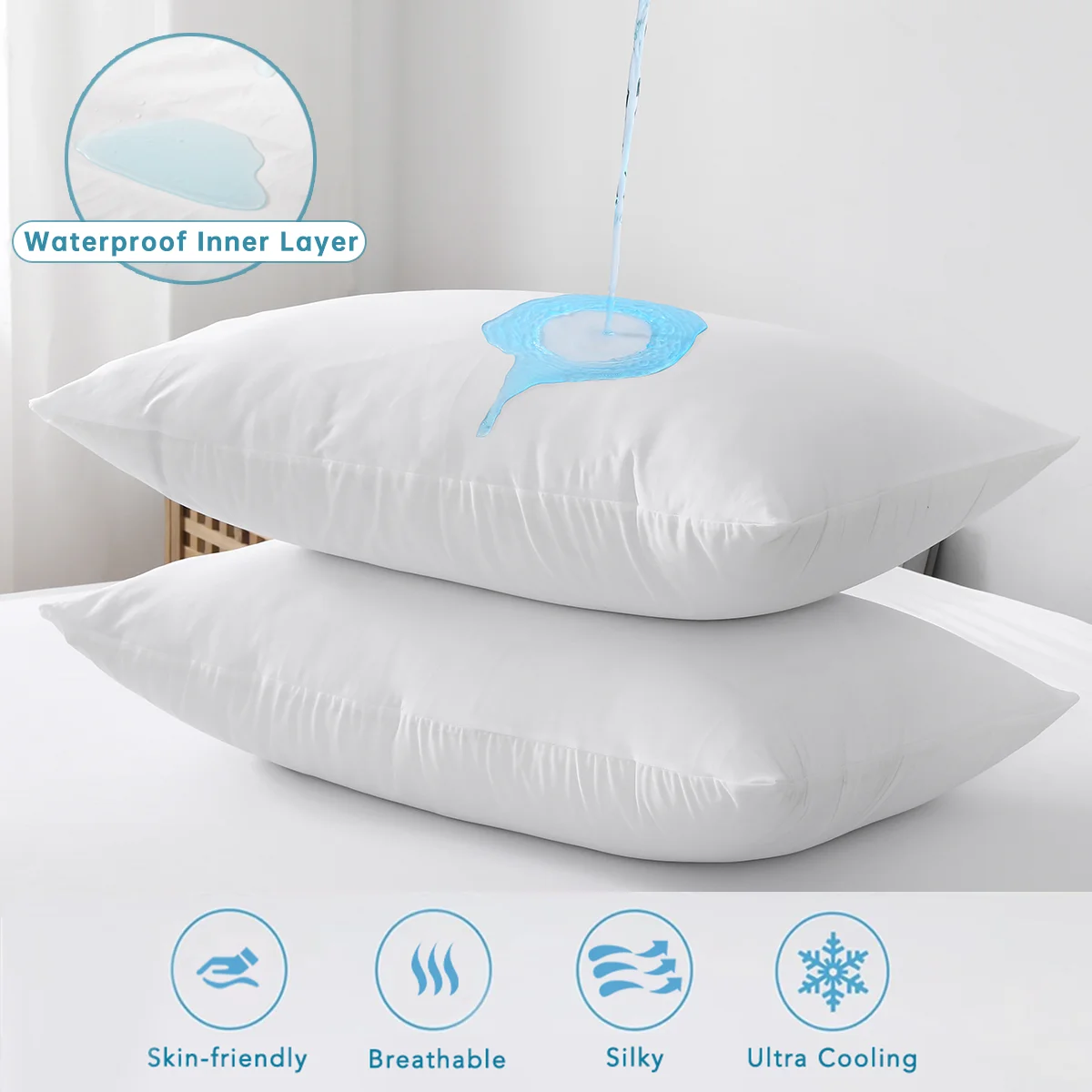 2pcs Cooling & Waterproof Pillowcases (Q-Max: 0.35) 100% Cooling Nylon Jacquard Pillow Cover with Zipper for Hot Sleepers Summer 3