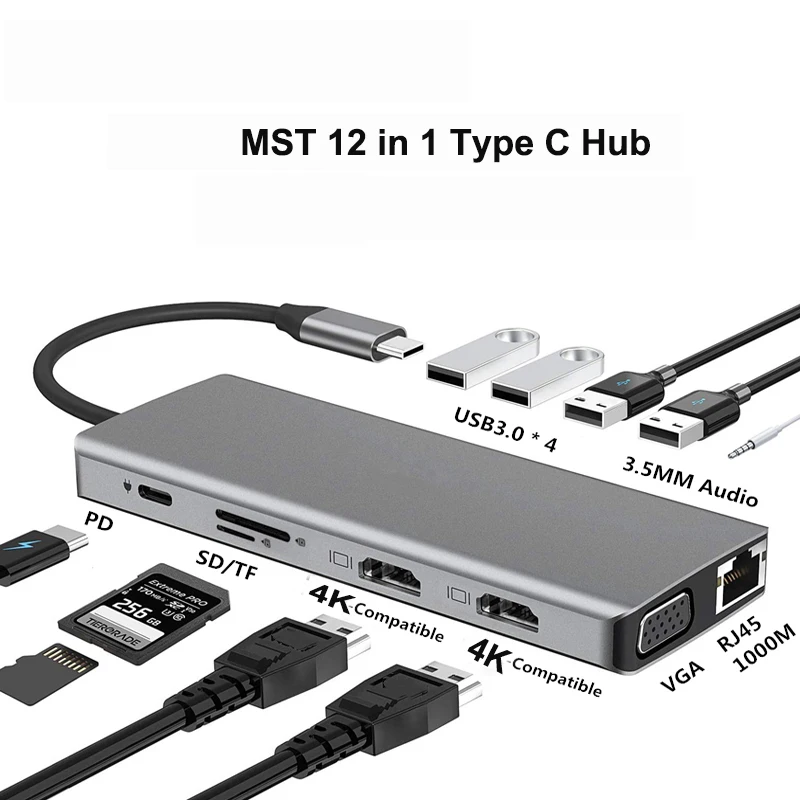 Концентратор 12 в 1 Thunderbolt 3 с портом для передачи данных USB C PD 85 Вт 4K HDMI 1080P VGA слоты
