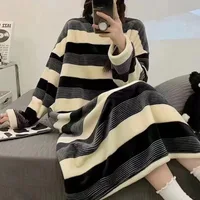 Winter Warm Pajamas Coral Fleece Long Sleeve Dresses Midi Length Cartoon Student Flannel Home Nightdress Striped Thickened Pajam - Image 2