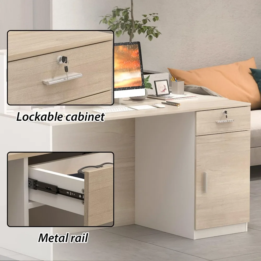 Reception Desk with Counter & Lockable Srotage Drawers, for Salon Reception Room Checkout Office, Natrual Reception Desk 4