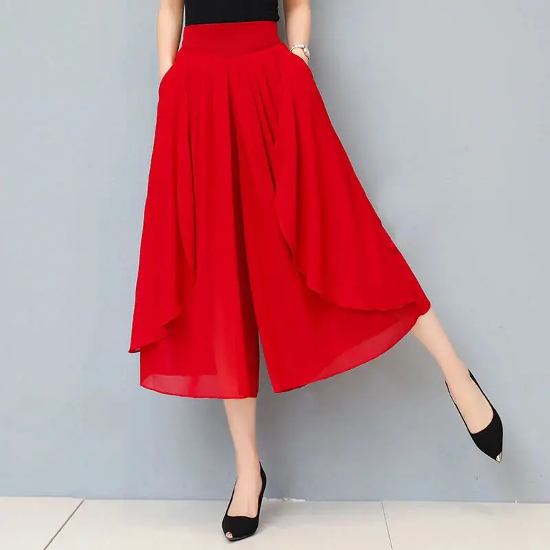 Women's Summer Capris Chiffon Breathable Wide Leg Pants Solid Color Oversized High Waist Loose Casual Pantskirt