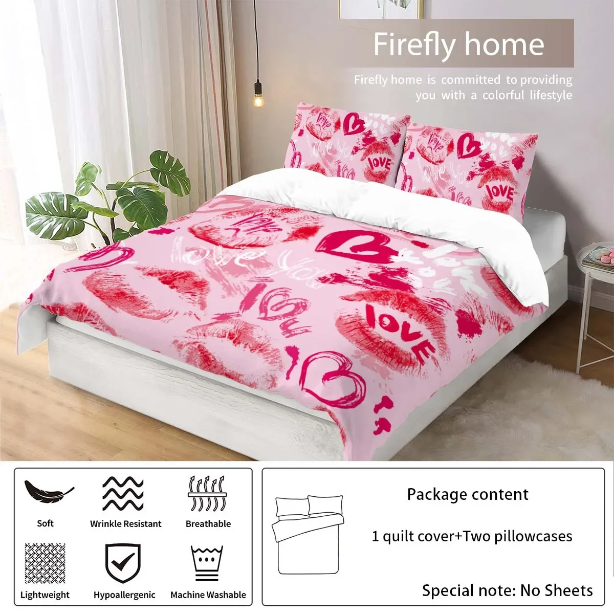 Valentine's Day Heart bedding set, skin friendly, warm, comfortable, warm pink surface, red lip print with a heart pattern