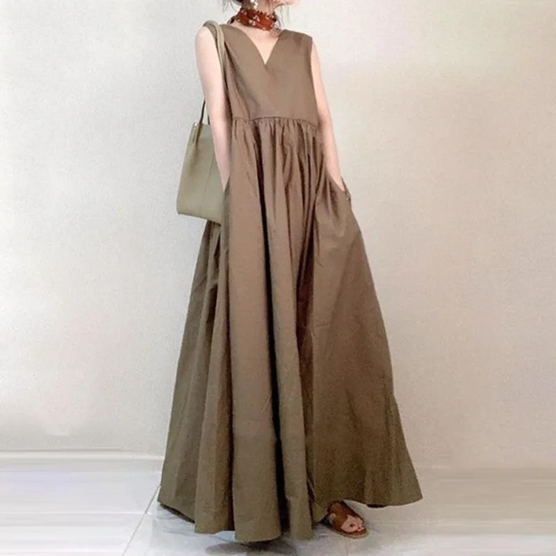 

Элегантное драпированное платье, летнее женское простое длинное платье без рукавов с V-образным вырезом, свободное однотонное пляжное платье, новинка 2024