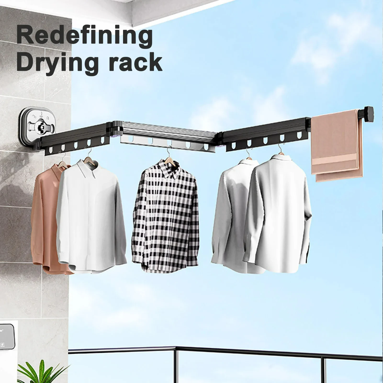 Laundry Dryer Large Aluminum Clothes Horse Black Wall Mount Clothes Drying Rack Sucker Install Home Folding Clothesline