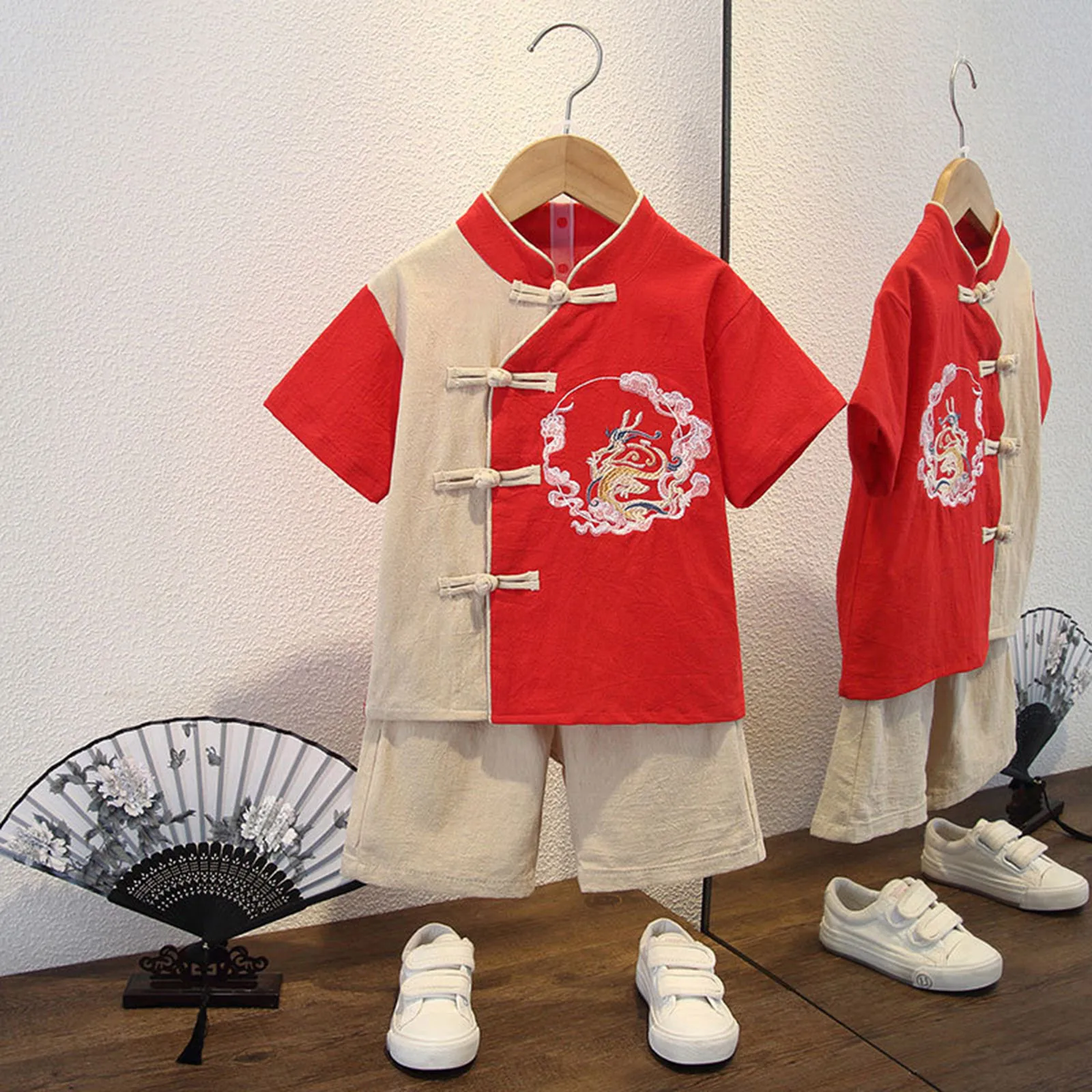 0-7Y Children Boys Tang Suits Summer Clothes Comfort Short-Sleeve Kids Boys Hanfu Embroidery Tops Shorts Retro Chinese Clothes kids clothes