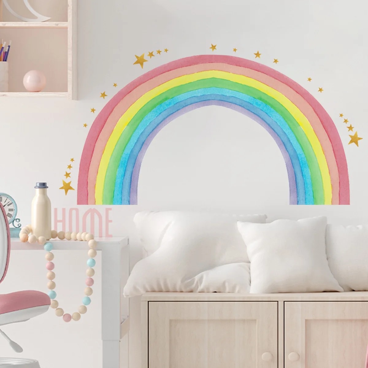 Large Rainbow and Stars Wall Decals Self-Adhesive Wall Stickers for Living Room Bedroom Nursery Decor Bright Colorful Wall Art