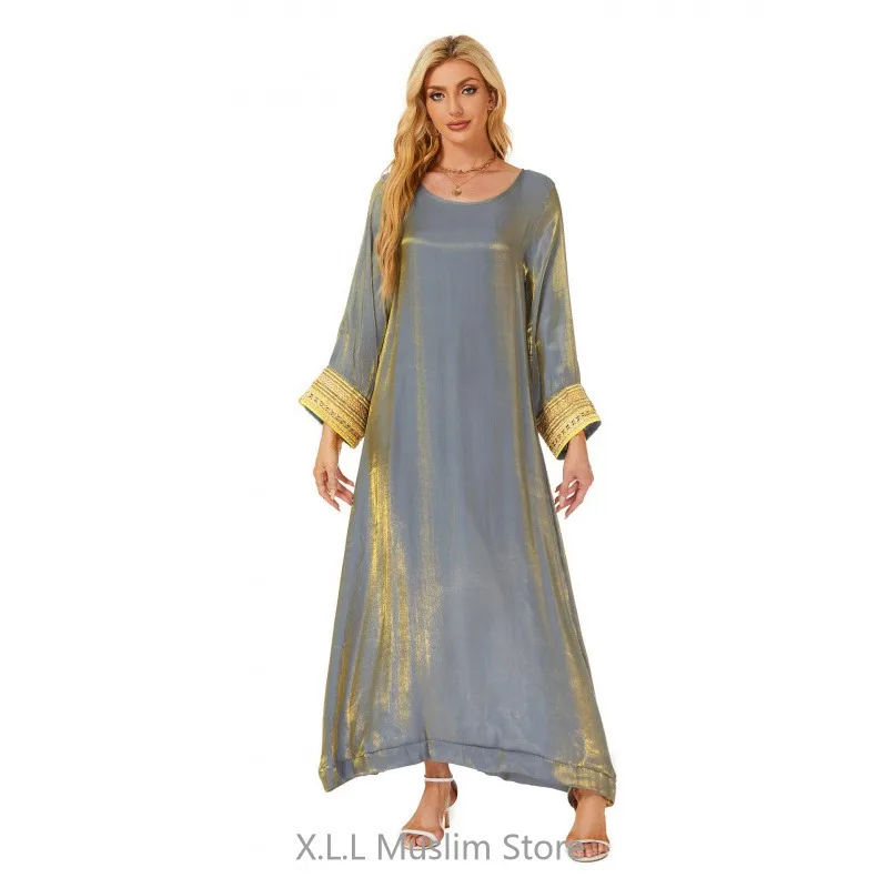 Shiny Muslim Dresses Fashion Modest Long Loose Abaya Dubai Turkey Kaftan Islamic Robe Clothes Women's Prayer Garment For Party