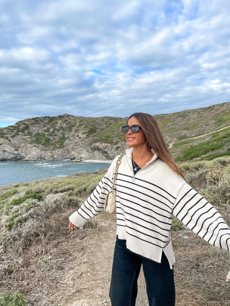 

ZACK RAIN Women Beige Half Zip Knit Sweaters 2023 Fall/Winter Ladies Polo Neck Striped Printed Sweaters Female Chic Knitwears