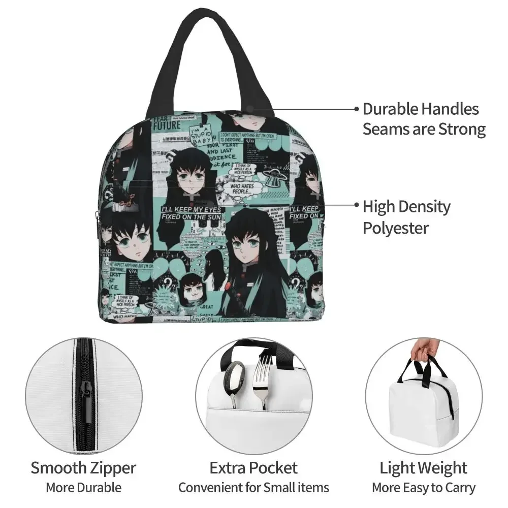 Cute Anime Muichiro Tokito Insulated Lunch Bag for Women Kimetsu No Yaiba Cooler Thermal Bento Box School Food Storage Bag 6