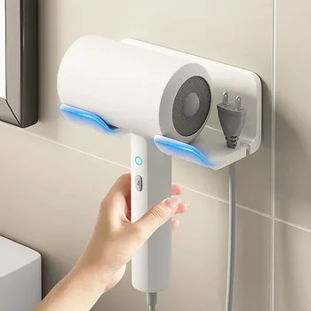 Porta asciugacapelli Mensola da bagno a parete senza foratura Supporto per asciugacapelli in plastica con scatola portaoggetti Mensola porta ventilatore per WC 1