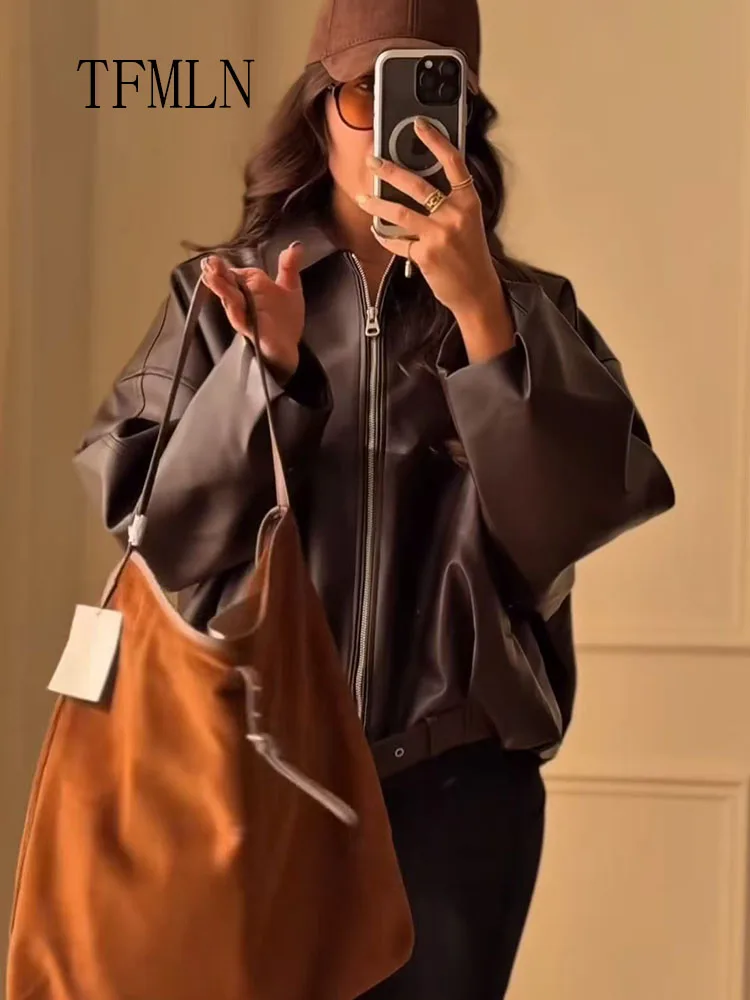 Fashion Faux Leather Jackets For Women 2025 Autumn Chic Causal Full Sleeve Zipper Loose Belt Coat Vintage Lapel Oversize Outwear