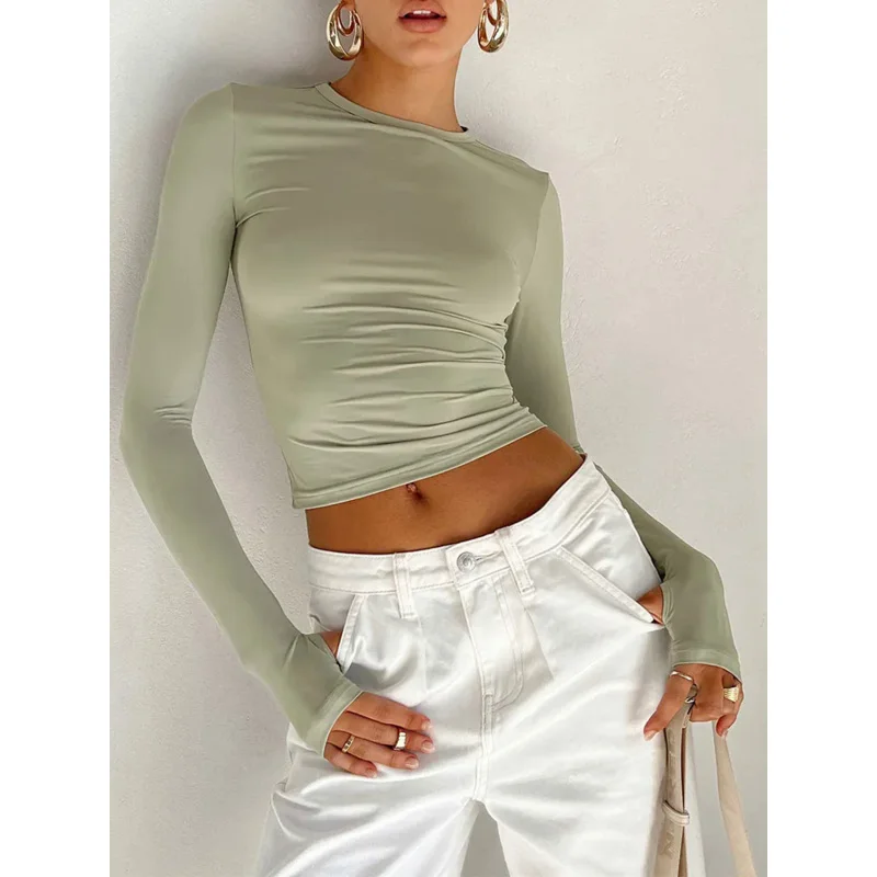 

Fashion Women T-shirt Long Sleeve Crew Neck Solid Slim Fit Ladies Crop Top with Thumb Holes for Daily Streetwear Summer Camis
