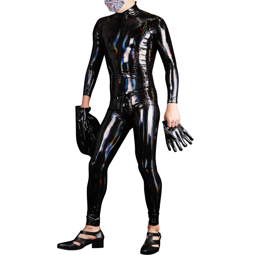 Cosplay Men Maid Jumpsuit PU Leather Shiny PVC Catsuit Laser Wet Look High Elastic Full Body Bodysuit