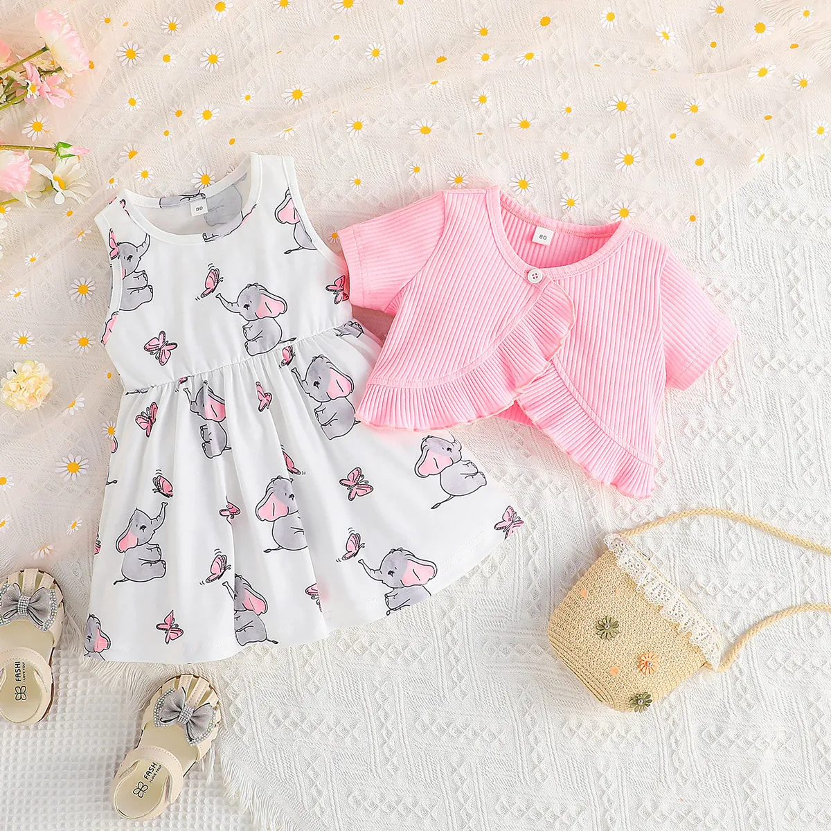 

Summer Child Clothes Sets Short Sleeve Ruffles Pink T-shirt Print Elephant Dress 2 Piece Sets Designer Girls Clothes Sets 18M-7T