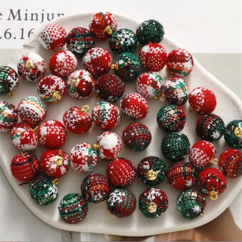 

10pcs/lot New Christmas Stripe Cloth Covered Round Ball Beads Charms For DIY Earrings Jewelry Making Findings Accessories