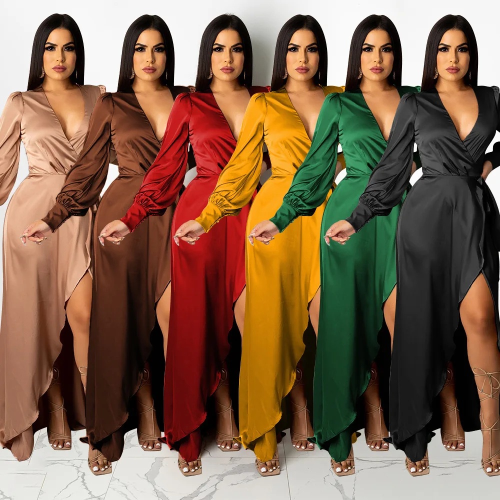 

New European and American women's fashion sexy V-neck silk face irregular long dress with solid color binding