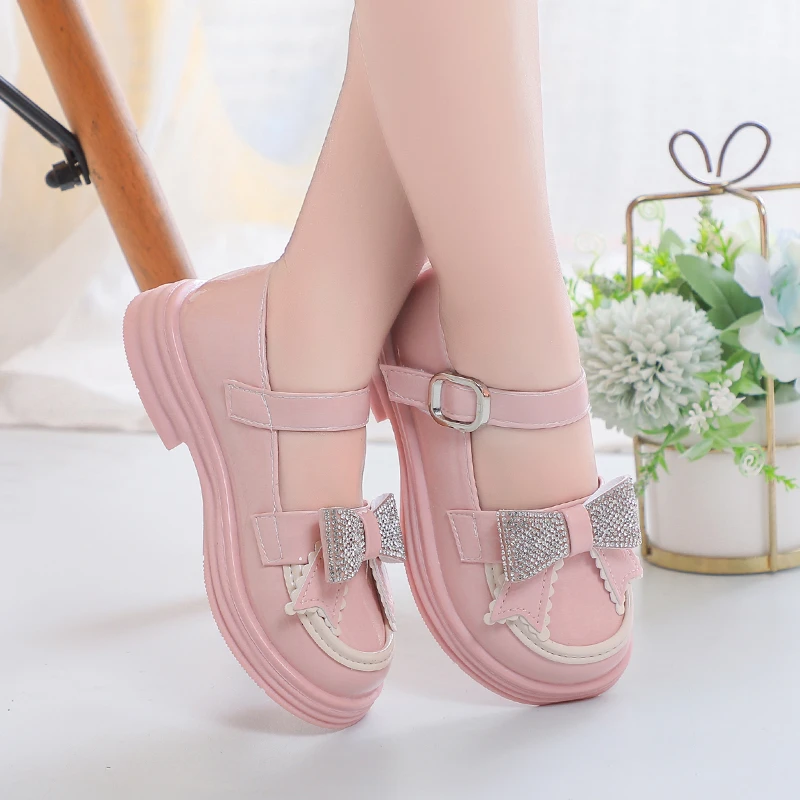 Cute Girls Rhinestone Bow Pink Versatile Casual 2023 Children's Fashion Shoes for Party Wedding Shows Hook & Loop Casual Shoes 2