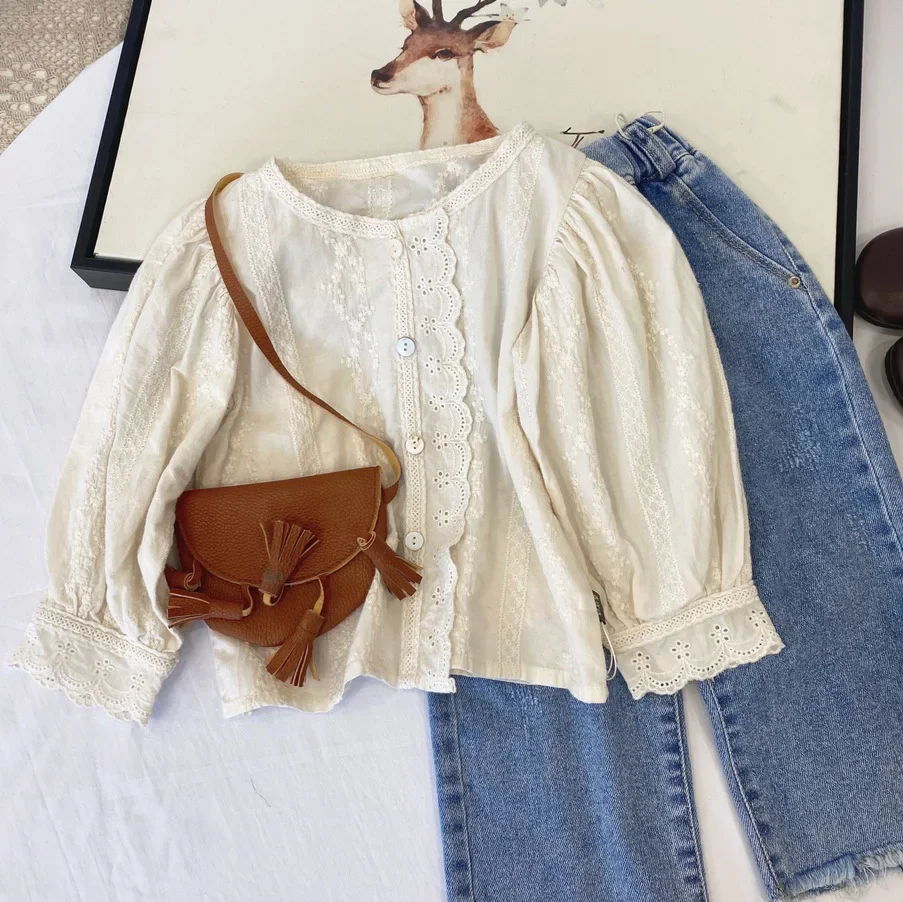 Autumn Girls Long Sleeve Lace Floral Blouses Kids Korean Design Blouses