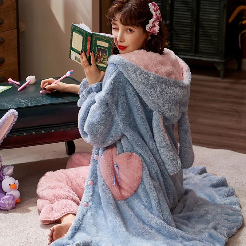 Sweet Animal Flannel Pajamas Sets Winter Thick Nightgown Suit With Pants Pyjamas Set Soft Fleece Plush Warm Sleepwear Robe Sets