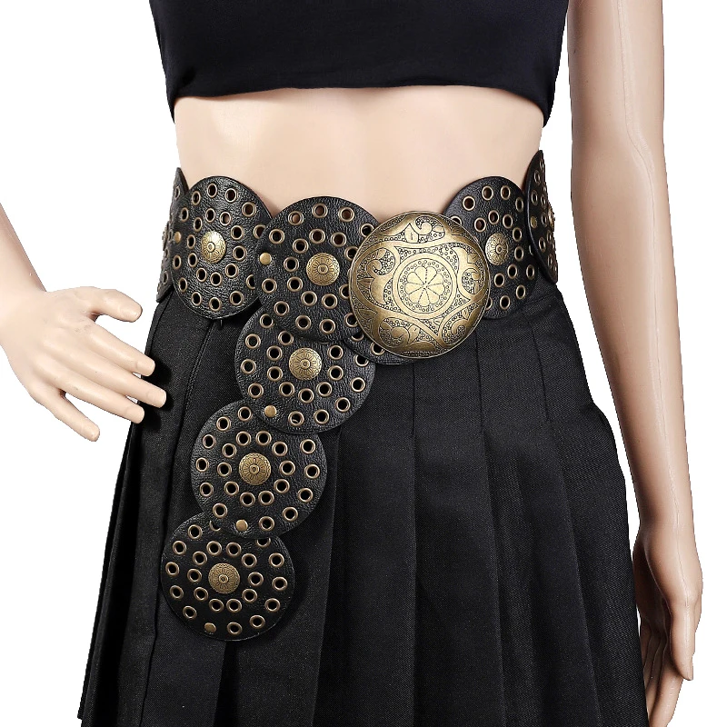 Wide Boho Disc Belt Women Vintage PU Leather Hollow Western