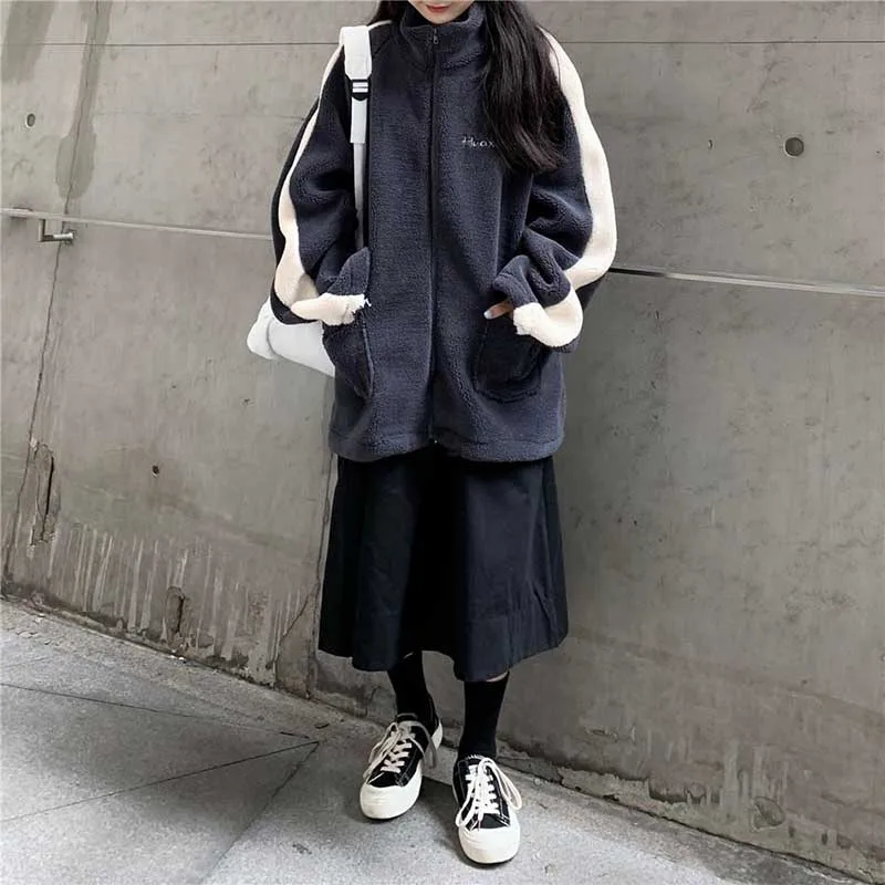 Women's Spring Autumn / Winter New Fashion Patchwork CoatThick Coat Lady Super Loose Boyfriend Style Streetwear Warm Basic Coat