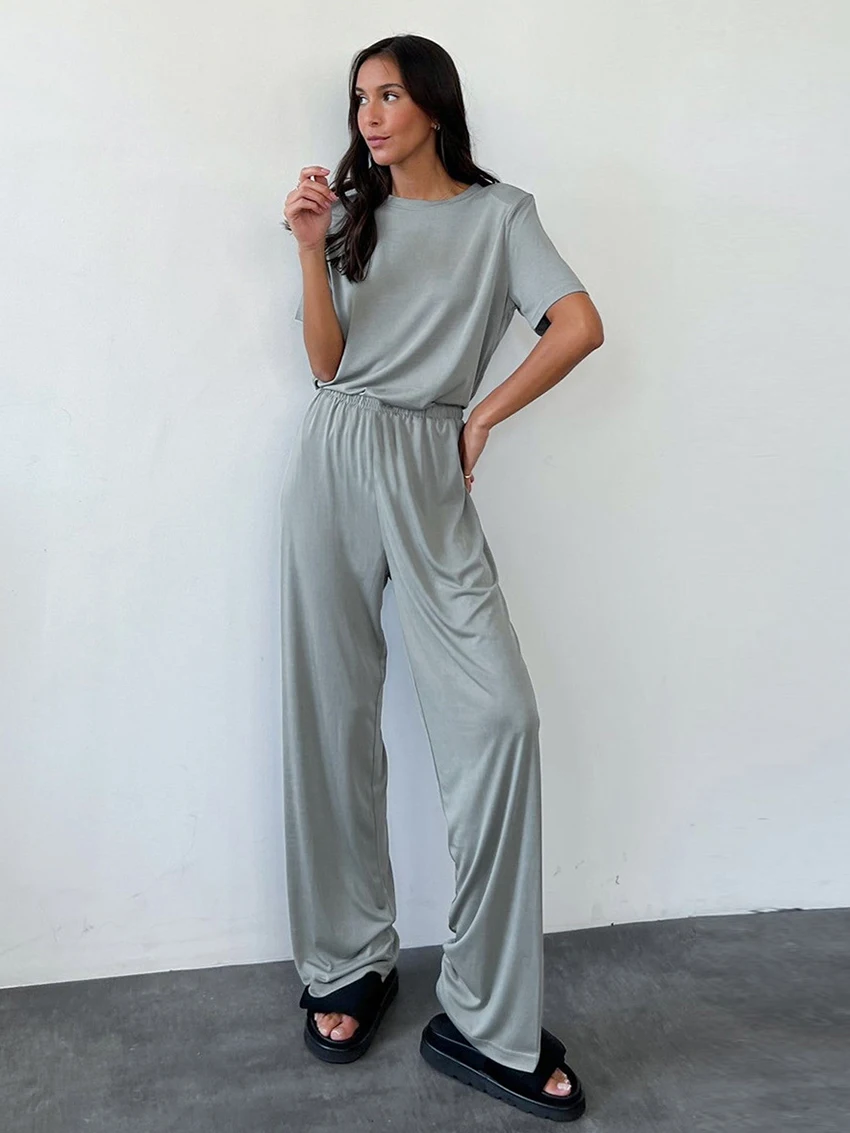 Marthaqiqi Gray Ladies Nightgowns 2 Piece Suit O-Neck Sleepwear Half Sleeve Pajamas Wide Leg Pants Casual Home Clothes For Women
