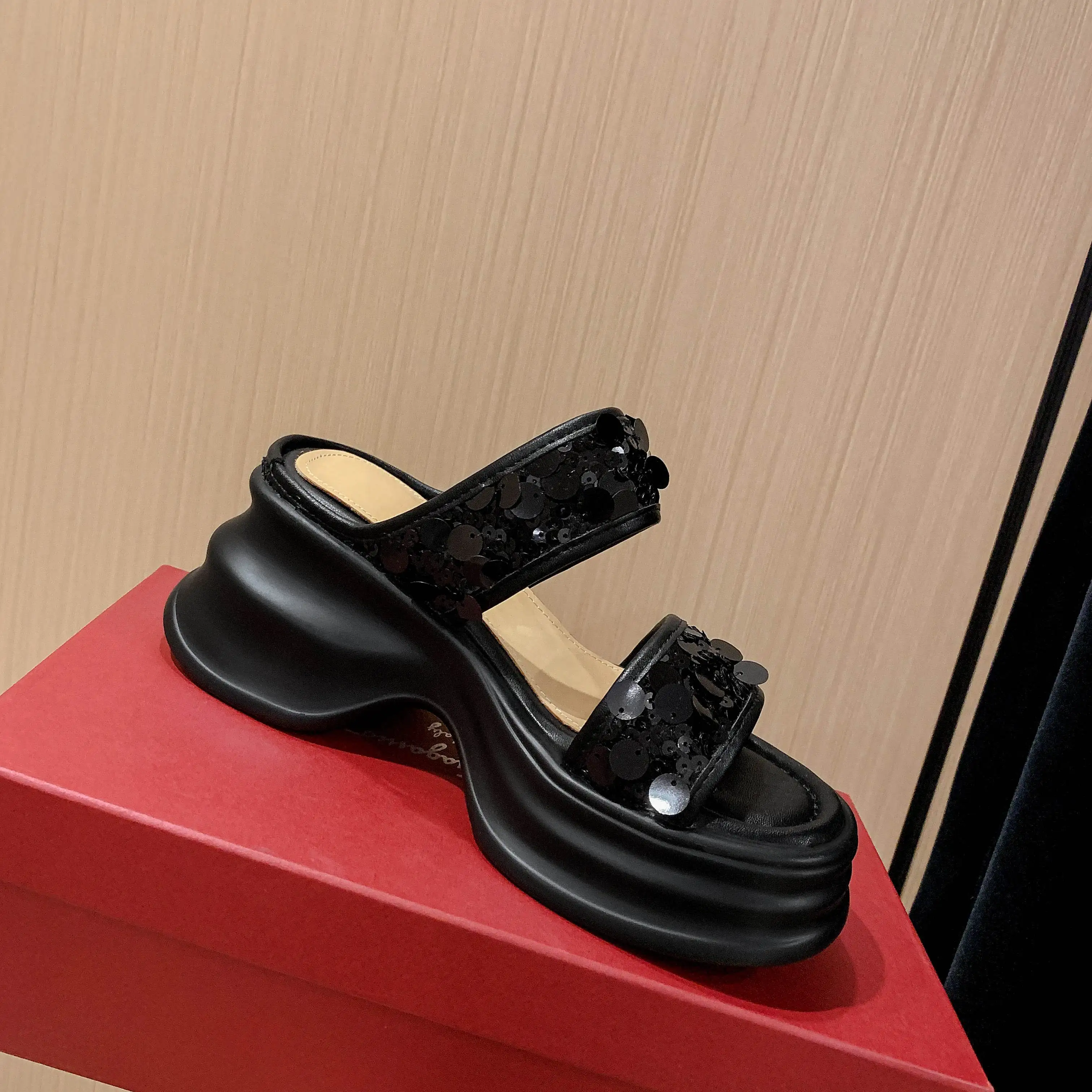 Krazing Pot Superstar Bling Peep Toe Slingback Summer Shoes High Heels Mules Casual Office Lady Elegant Platform Women Sandals