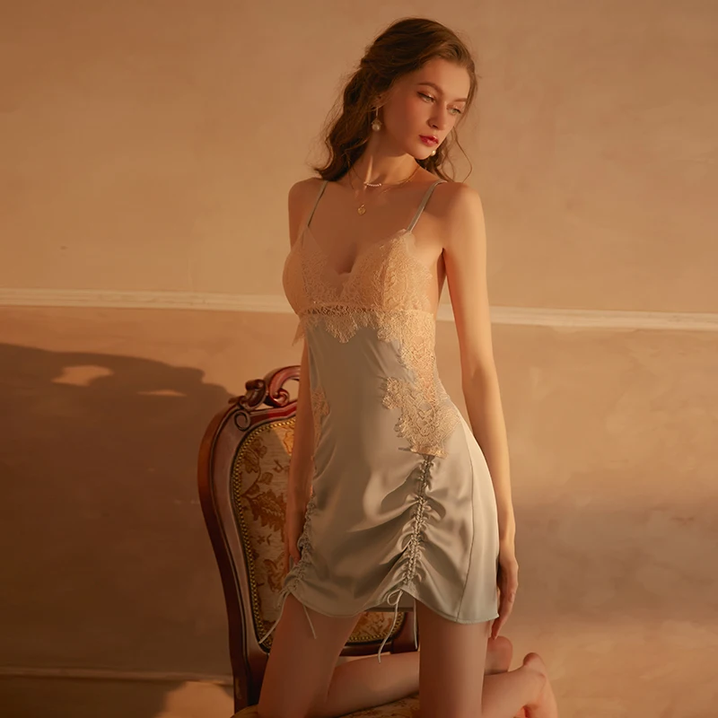 Sexy Mousse 2023 New Sexy Women Nightgown Lace Perspective Temptation Pajamas Pleated Thin Sling Nightdress Homewear Suit