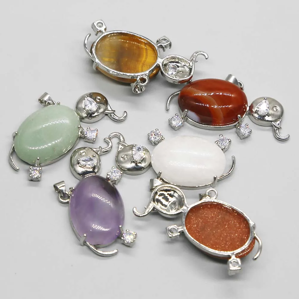 Natural Stone Crystal Agate Inset Stainless Steel Elephant Necklace Pendant DIY Jewelry Accessories Wholesale 6Pcs Free Shipping