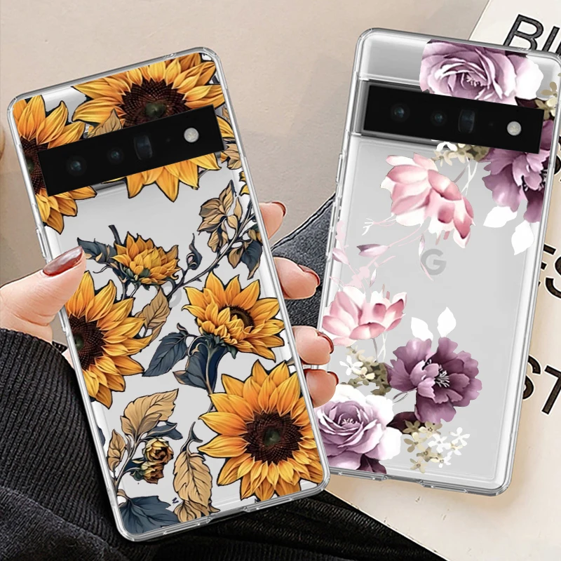 Sunflower Pattern Clear TPU Phone Case - Cute Purple Flower Design