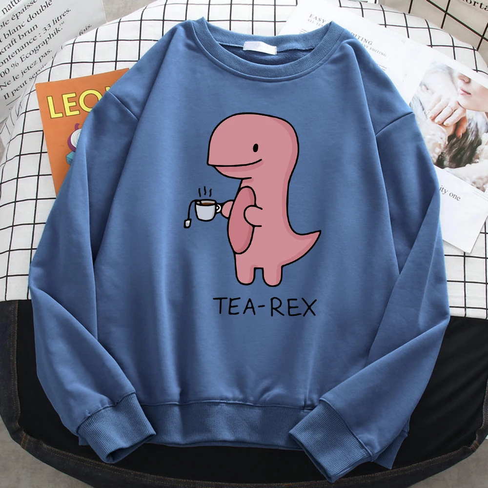 Autumn Funny Sweatshirts For Women Funny Dinosaur Drink Coffee Printing Hoodies Fleece Soft Pullovers Loose Warm Ladies Clothing