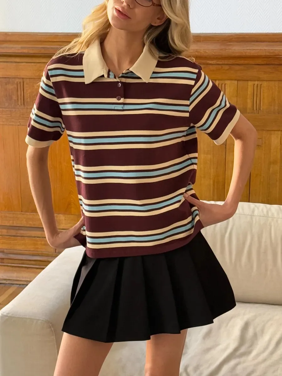 Bornladies Summer New Women's Retro Striped Polo T-Shirt Short Sleeve Tees Fahsion Ladies Casual Knitted Shirt Loose Top