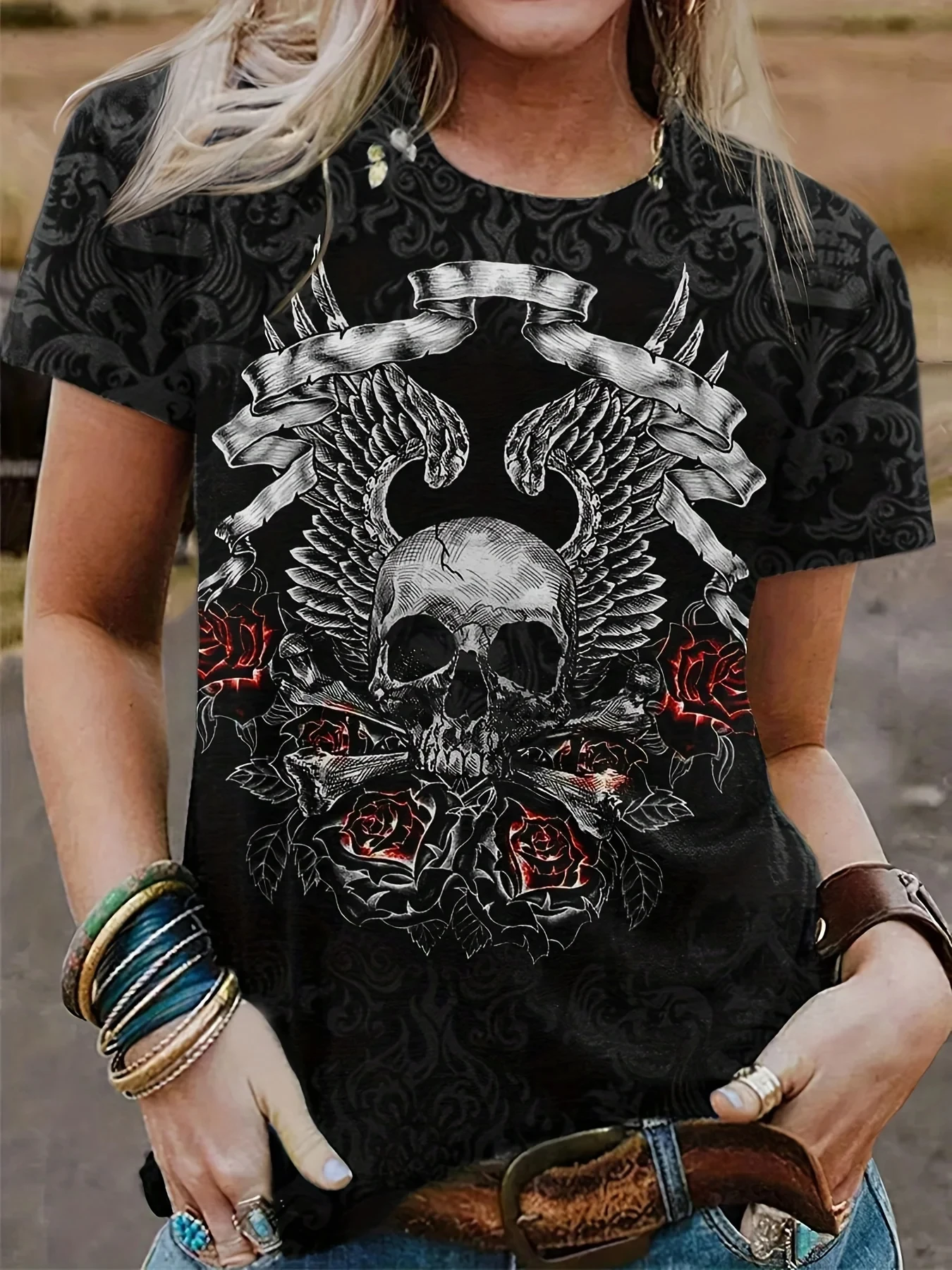 Rose Skull 3D Print O-Neck T-shirts Women/Men Short Sleeve Fashion Hip Hop Oversized Harajuku Y2K T Shirt Sexy Clothing