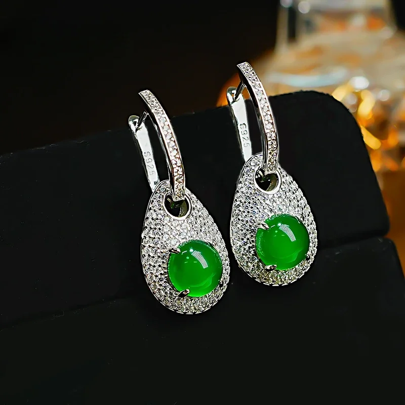 

Light Luxury Natural Jadeite Marrow Bubble Jadeite Silver Earrings Inlaid with High Carbon Diamond Niche Design